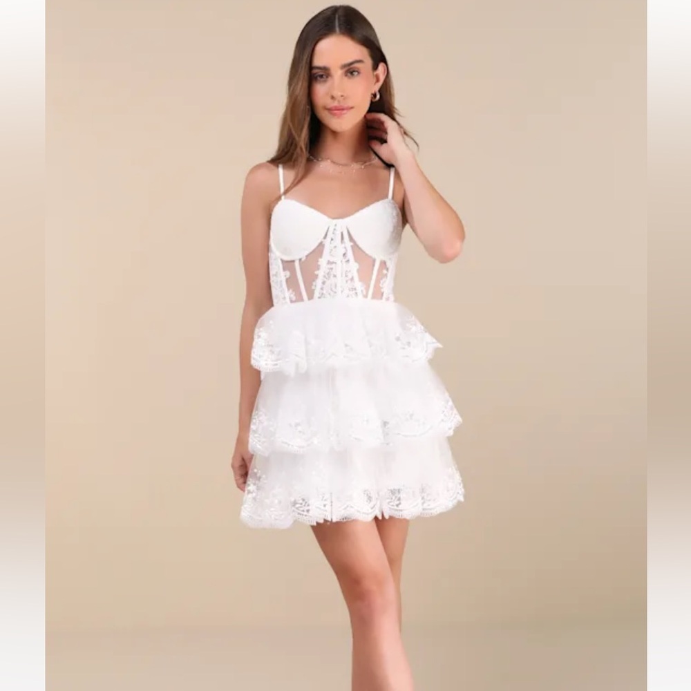 Lulus White Embroidered Sequin Tiered Mini Dress - bridal